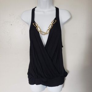 Valentine NWOT Women's Large Black Sleeveless Blouse Surplice Gold Chain Neck
